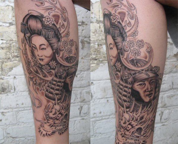 Tatuaje Pierna Japoneses Geisha por Big Willies Tattoo Shack