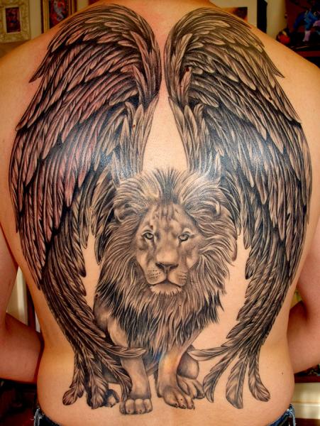 Фэнтези Спина Лев Крылья татуировка от Cherub Tattoo