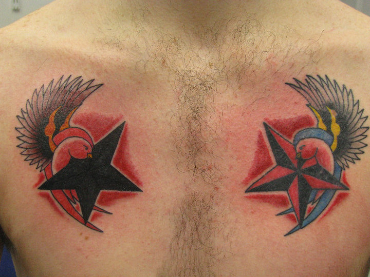 Chest Old School Swallow Star Tattoo by Crossroad Tattoo